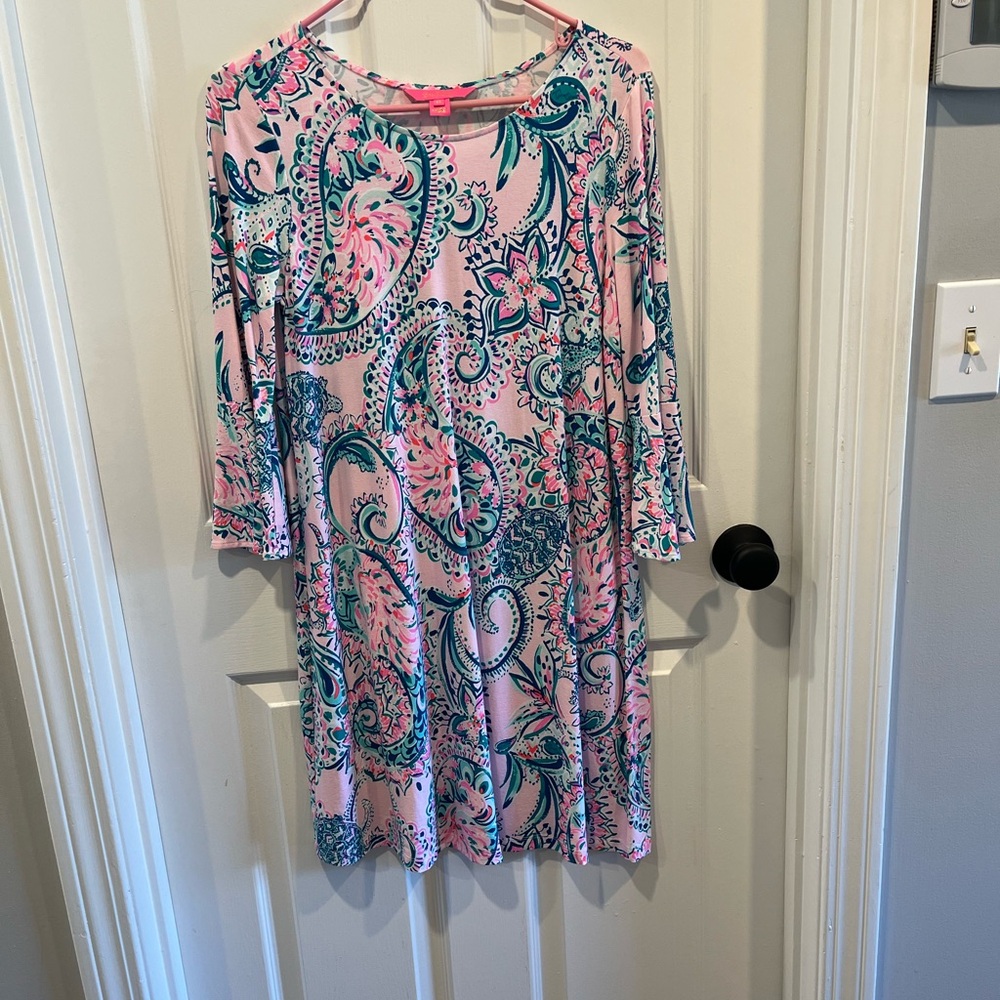 Lilly Pulitzer Orphelia dress in Pink Tropics Tint Tangerine Dream.